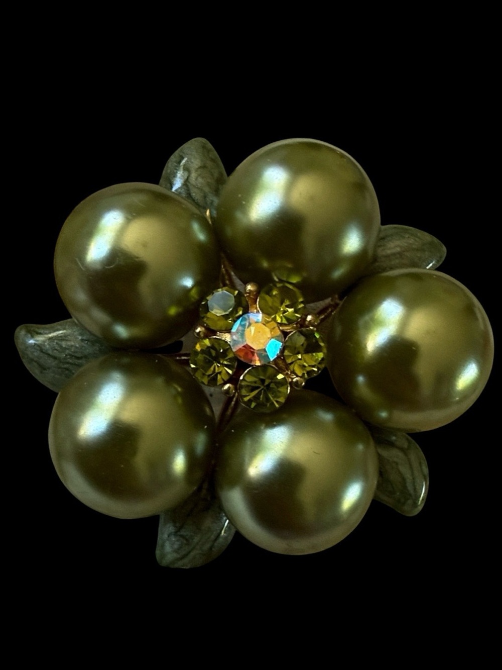 Vintage Faux Pearl & Enamel Floral Brooch • AB & Peridot Rhinestones - Picture 7 of 11